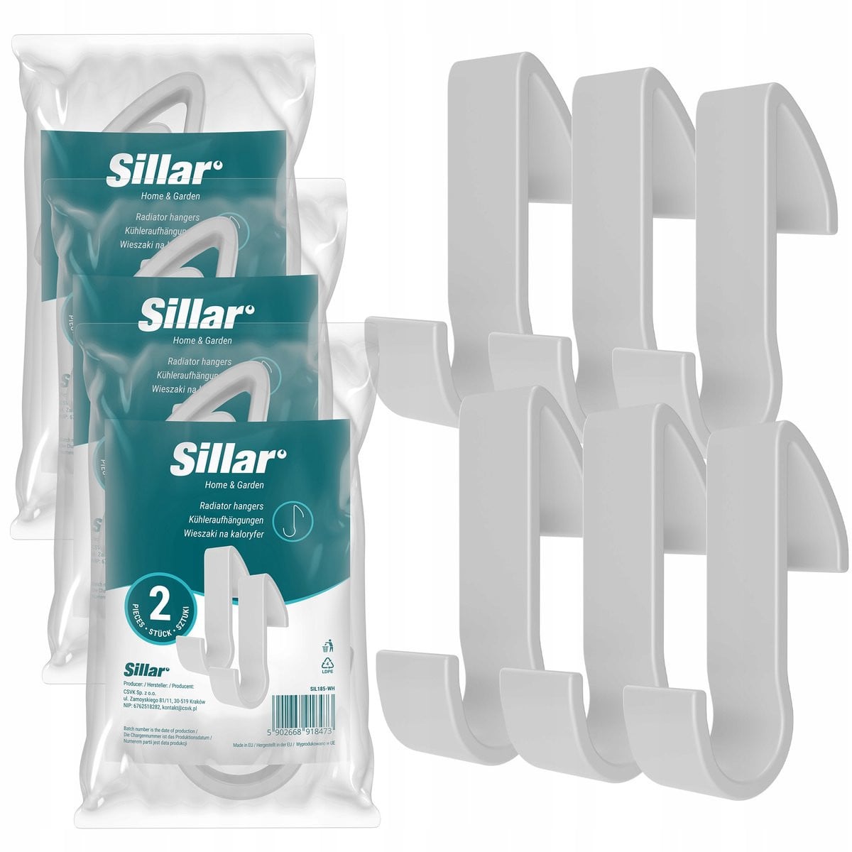 Sillar Set van 6 Witte Kunststof Badkamerhandgrepen en Radiatorhangers, 95mm