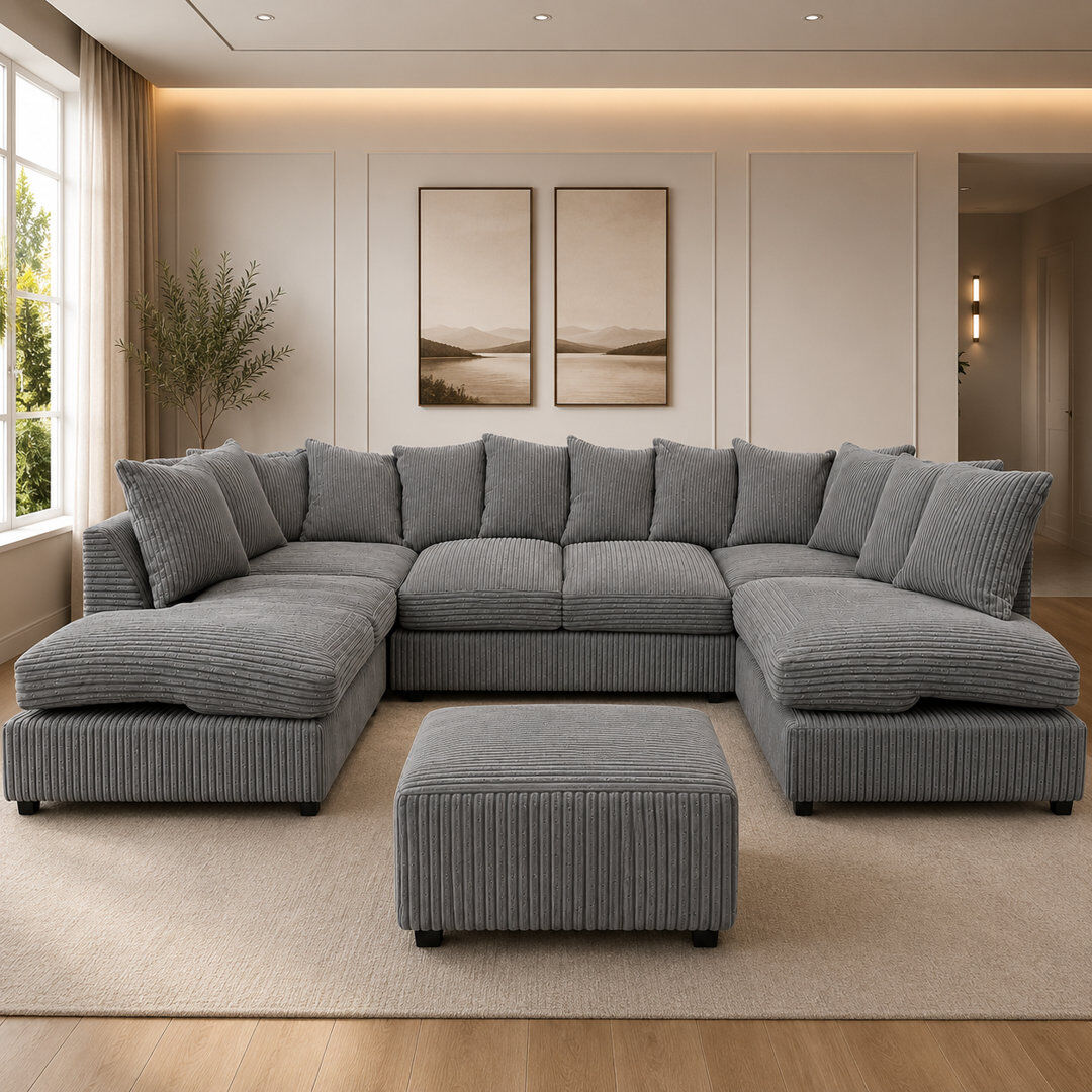 Latitude Run 5 Seater Corduroy Corner Sofa Charcoal 90cm H X 275cm W X 167cm D