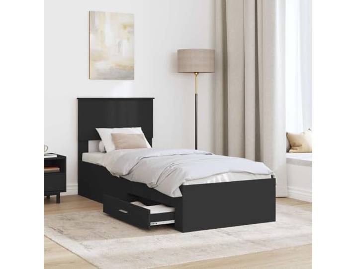 KTHLBRH Bettgestell mit Schublade, Schwarz und Silber, 75 x 190 cm Technisches Holz, feste Lattenroste, integrierter Behälter, einfache Montage