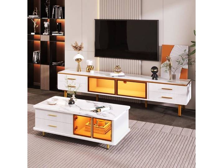 Meuble TV + table basse avec grand espace de rangement et éclairage LED - Meuble de salon combiné