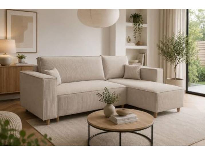 MARPUR Ecksofa mit Schlaffunktion & Bettkasten – Cord Creme – 249x142 cm – Eckcouch L-Form – Schlafsofa Wohnlandschaft – Ottomane Universal – Couch