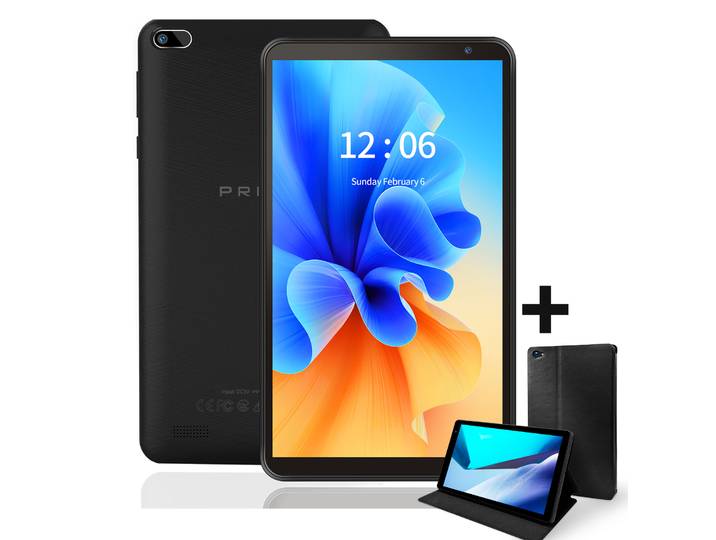 Tablette PC PRITOM 7 pouces 32 Go Android 13 avec processeur Quad Core, écran HD IPS, double caméra, Wi-Fi et étui de protection en PU