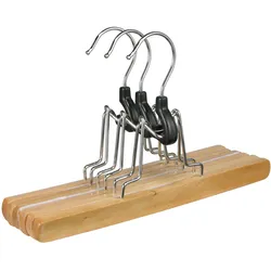 Kleiderbügel Hosen 3er-Set Holz - Ordnung & knitterfreie Kleidung - drehbarer Metallhaken - Anti-Rutsch-Filz - 24.5x2x1cm - Braun/Silber