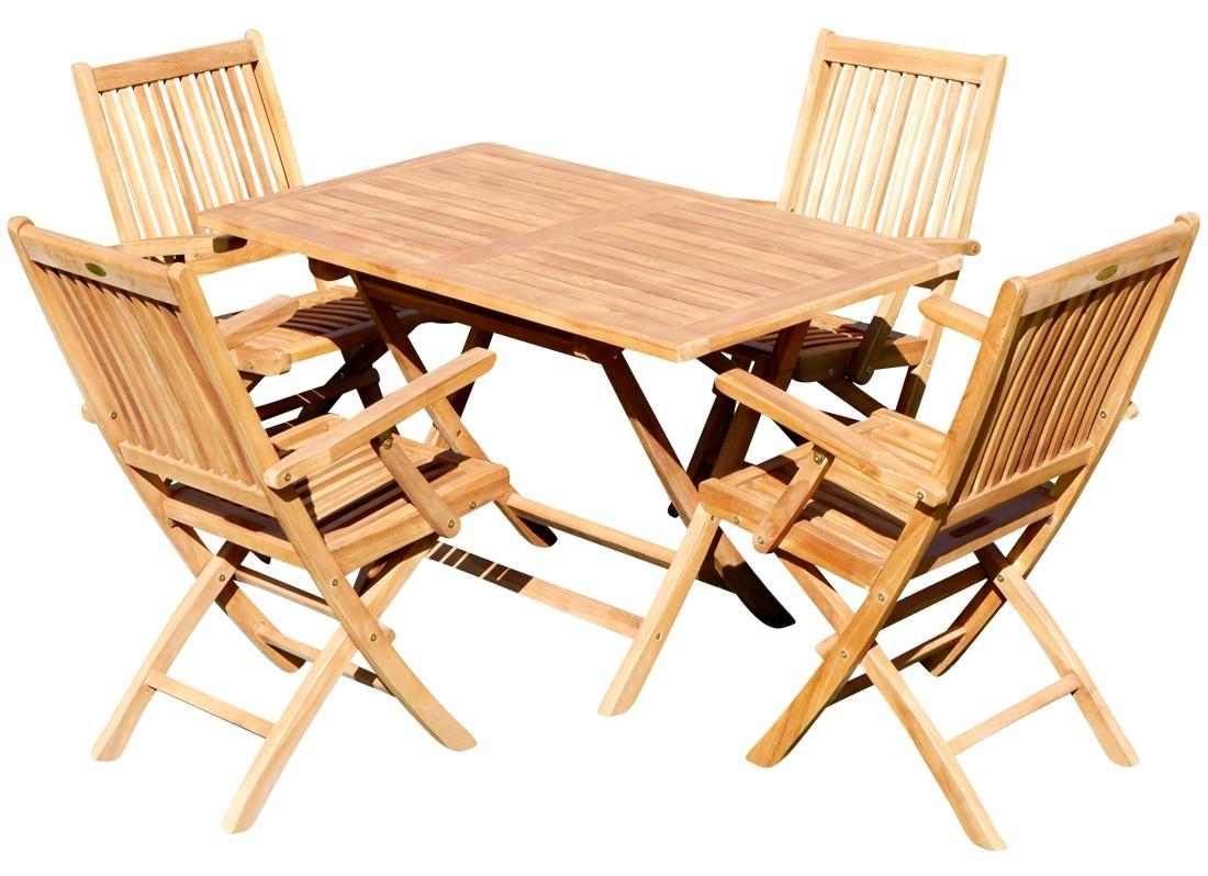 AS-S Teak Set: Gartengarnitur Klapptisch 120x70cm + 4 Klappsessel mit Armlehne Holz Serie JAV-AVES