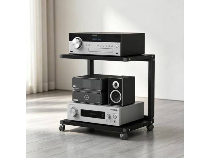 YHTCSXMD HiFi Rack mit Rollen, Offenes Audio Rack für Audiogeräte Dicke Holzablagen, Stahlrahmen und Rollen mit Fußbremse, für Wohnzimmer und Büro