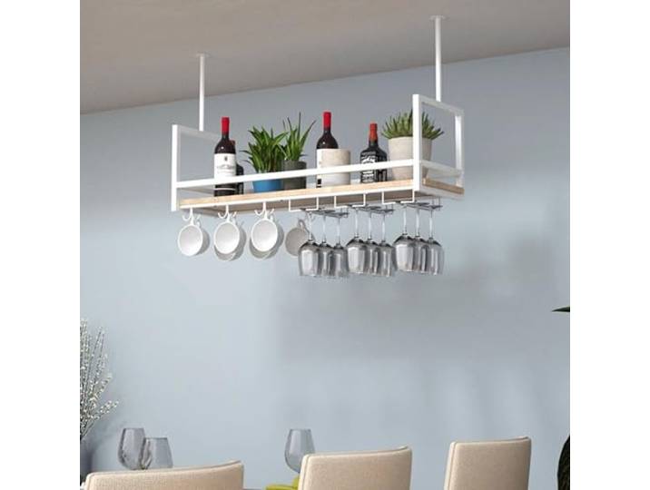 Drsyffsup Weiß Weinregal, Deckenregal, Hängendes Weinregal, Pflanzenständer, Wandregal, Weinflaschenhalter mit 2 Arten Weinglashalter, Heimdekoration (Größe: 80x30x60 cm)