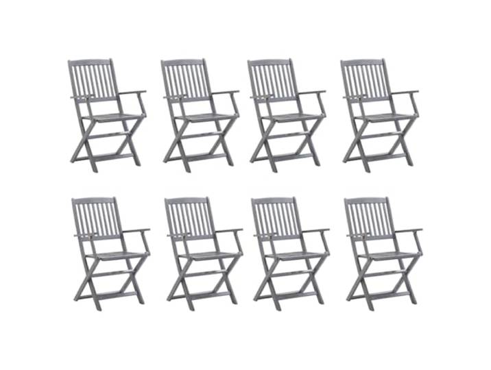 Set mit 8 Klappstühlen aus massivem Akazienholz mit blauen Kissen Massives, geschliffenes Akazienholz, graues Finish – Kissen aus 100 % Polyester – zusammenklappbare Sitzgelegenheiten