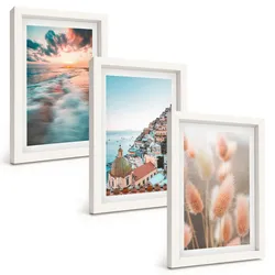 BILDER SET 3er Set - 20x30 cm Weißer Rahmen - Sonnenuntergang am Meer, Häuser, Blumen