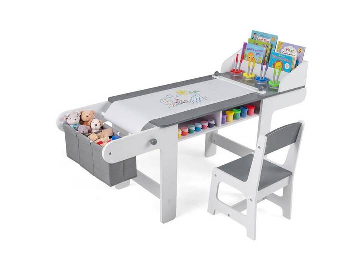 Costway Kinderschreibtisch-Set mit Stauraum grau(2-tlg), Grau, 136x67x45.5 cm, Babymöbel & Kindermöbel, Kinderzimmer & Jugendzimmer, Kindersitzgruppe
