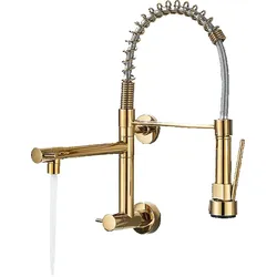 KLARWERK® Björn | Gastronomie Wandmontage Kaltwasser Armatur Gold | Küchenarmatur Edelstahl Zwei Brausen | Doppelspülbecken Wasserhahn Restaurant Wand