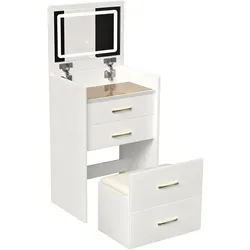 SCHMINKTISCH 3-in-1 Nachttisch (60 cm) in Weiß mit Klappspiegel, Glasplatte & Hocker