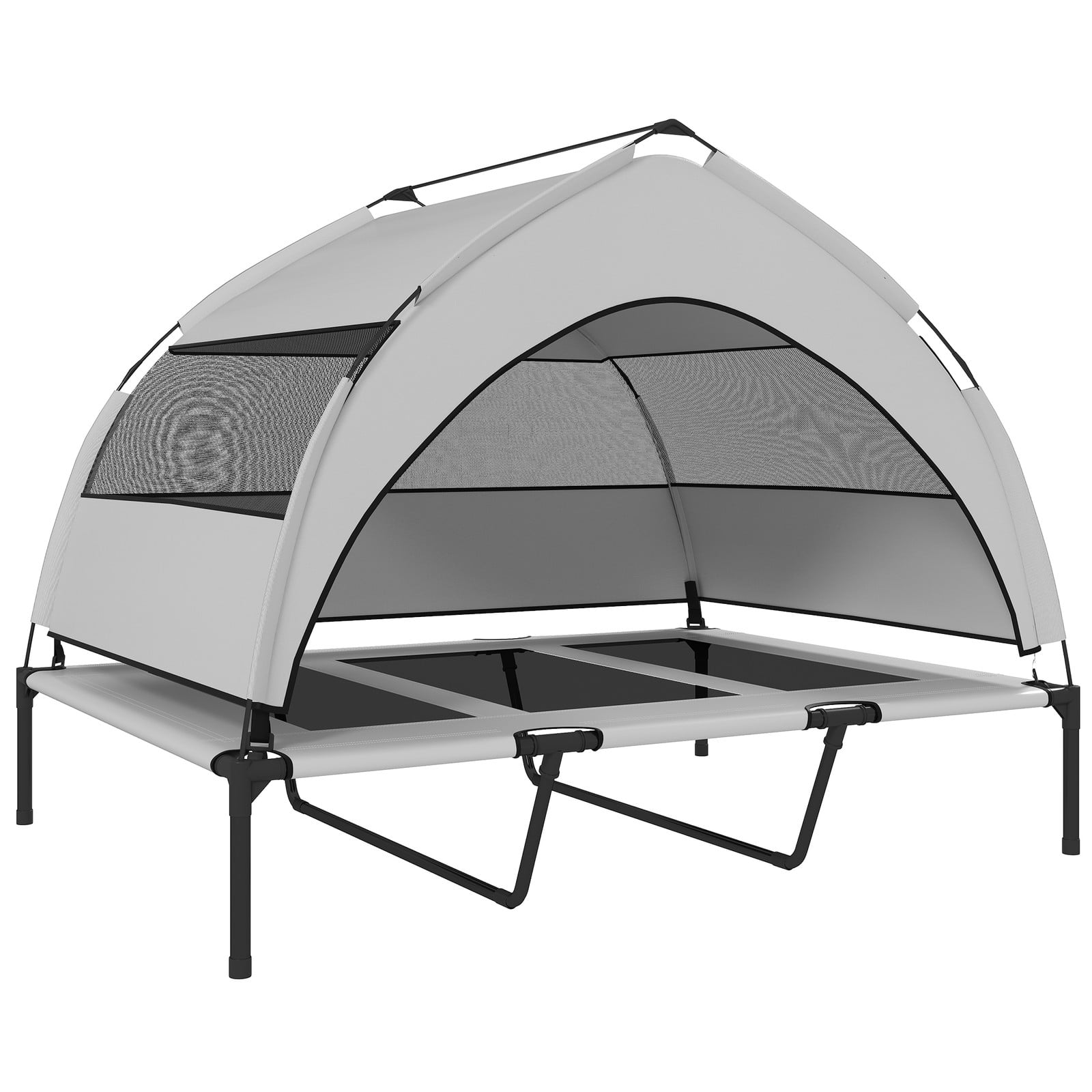 PawHut Verhoogd Hondenbed Outdoor met Dak en Stalen Frame, Lichtgrijs, B/D/H: 122 x 92 x 94 cm