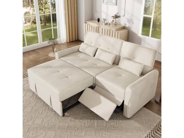Merax Schlafsofa 3-Sitzer mit Schlaffunktion, 3-in-1 Ausziehsofa mit Verstellbarer Rückenlehne und Fußstütze, Schlafcouch aus Chenille-Stoff inkl. Kissen, 176x148x83 cm, Beige