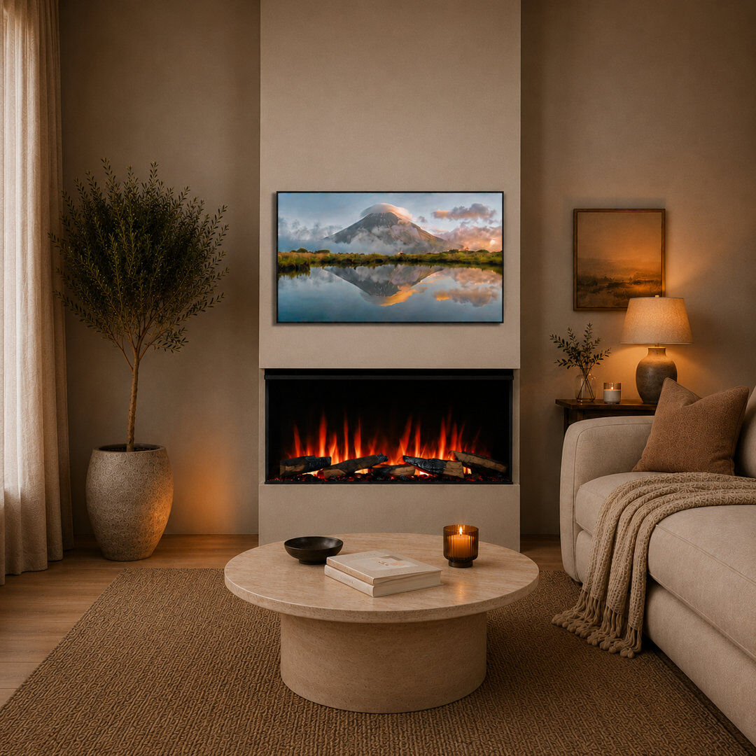 FLAMME 3 Sided Media Wall Electric Fire, Knighton Black Powder Coated Steel 49.5 cm H x 90 cm W x 21 cm D