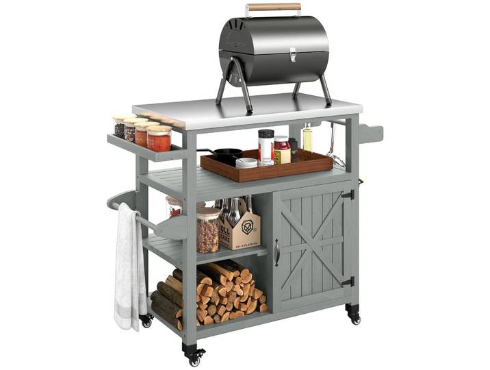 ComfortXL Grillwagen De-13858 mit Edelstahl-Arbeitsplatte und Holzrahmen Grau, Metall, 49.5x92.5x107 cm, Grills, Grillzubehör