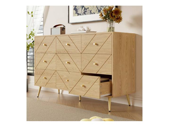 Fine Life Pro Sideboard Moderne Kommode mit 9 Schubladen, Eisenbeinen & geometrischem Muster., Robuste Aufbewahrung für Schlafzimmer, Wohnzimmer & Flur – praktisch.