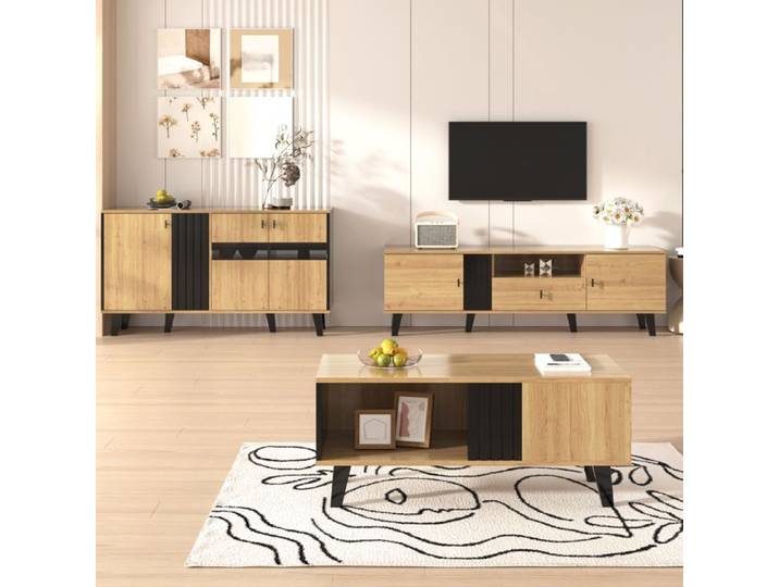 Maisentiel Ensemble salon 3 pièces en bois et noir avec table basse meuble TV 170 cm et sideboard