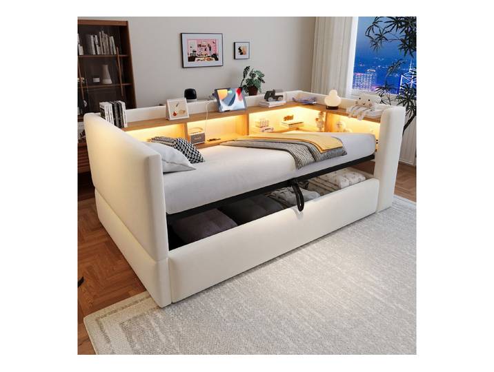Flieks Daybett, Polsterbett Hydraulisches Schlafsofa 90x190cm mit LED & Aufladen
