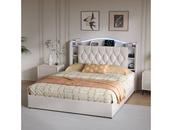 Lit coffre - 140x190 - Rembourré velours - LED intégrée - Coffre de rangement