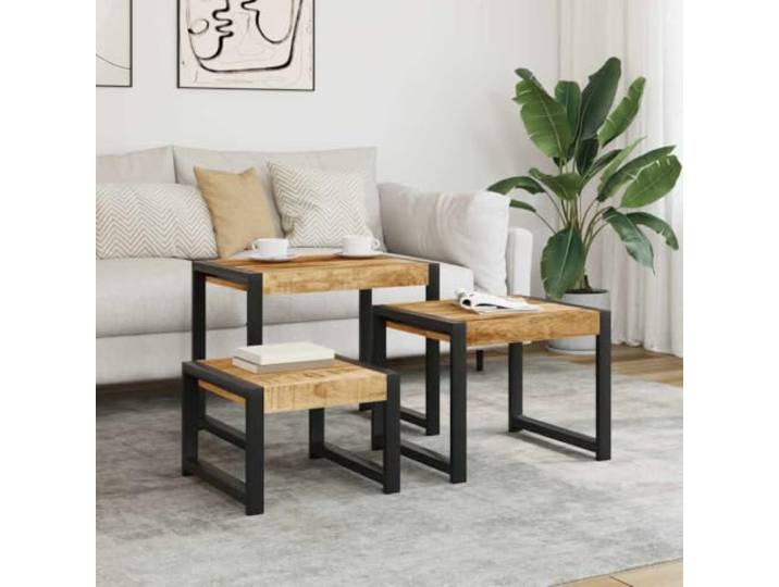 TEKGHUT Satztische 3 STK Massivholz Mango Mit Stahlrahmen Stapelbar Vintage Massives Mangoholz, verstärkter Stahlrahmen, platzsparend stapelbar, handgefertigtes Retro-Design, einzigartige Holzmaserung
