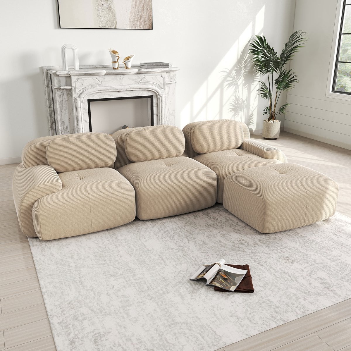 MODFU Modulaire Hoekbank in Beige Ribfluweel - Minimalistisch en Montagevrij Design