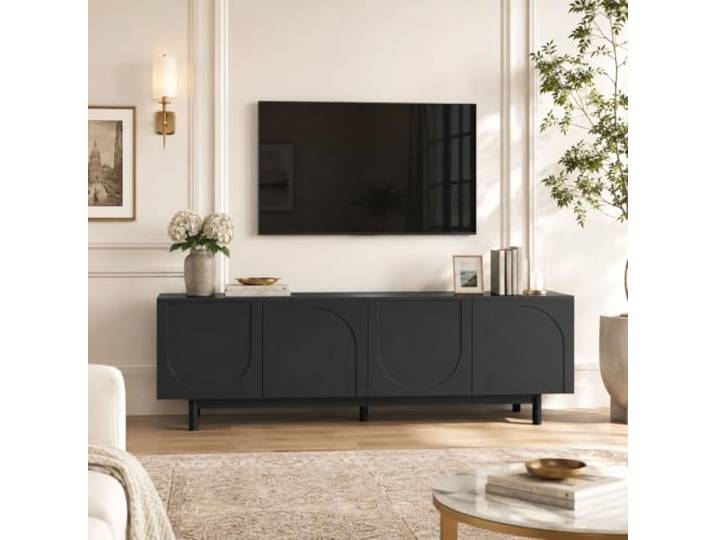 OLIVIBED TV-Möbel 175x38x56cm, TV-Schrank mit Verstellbare Einlegeplatten, Leichte Lowboard mit strukturierten Türen, Massivholzbeine, für Wohnzimmer Schlafzimmer, Schwarz