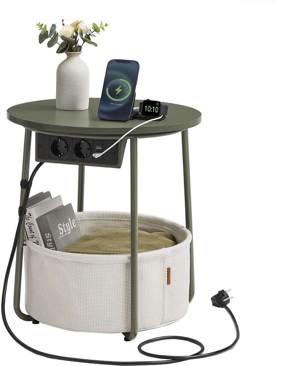 Vasagle Ronde Bijzettafel met Laadstation, Stopcontact en USB-poorten inclusief Stoffen Mand