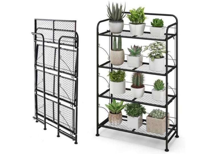 Support de Plantes Intérieur Pliable - RELAX4LIFE - 4 Niveaux - Support Pot de Fleur - Tablettes et Pieds Réglables - Charge 40KG