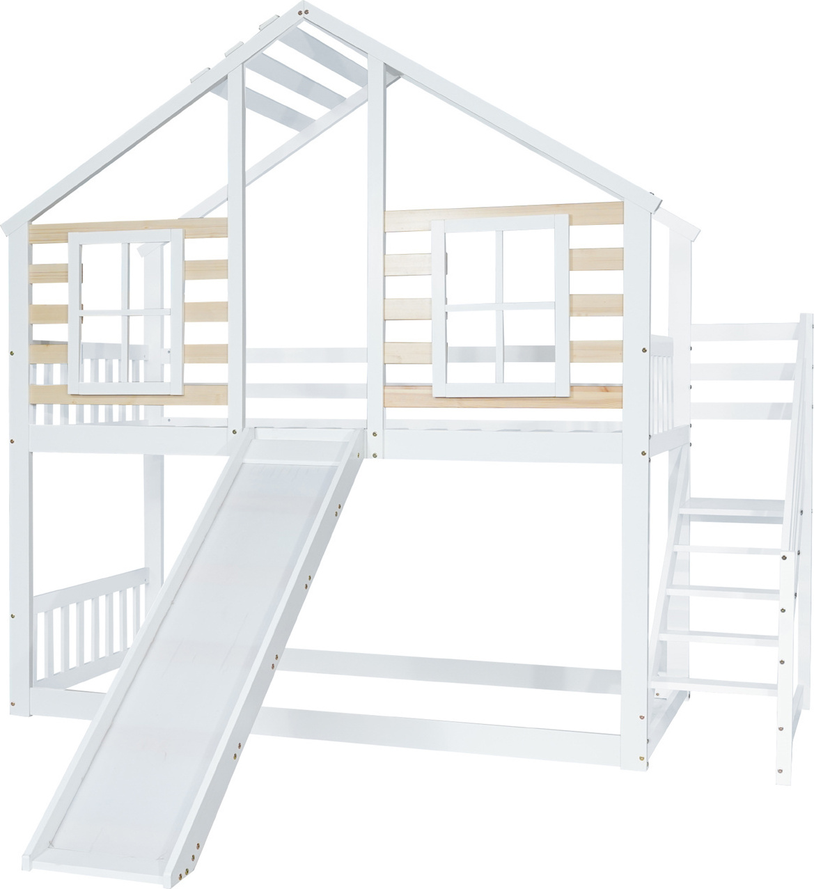 Etagenbett, Holzbett mit Treppe und Gitter, mit Rutsche und Fenster, Blockhaus Kinderbett mit Absturzsicherung, Bettrahmen aus Massivholz, Weiß
