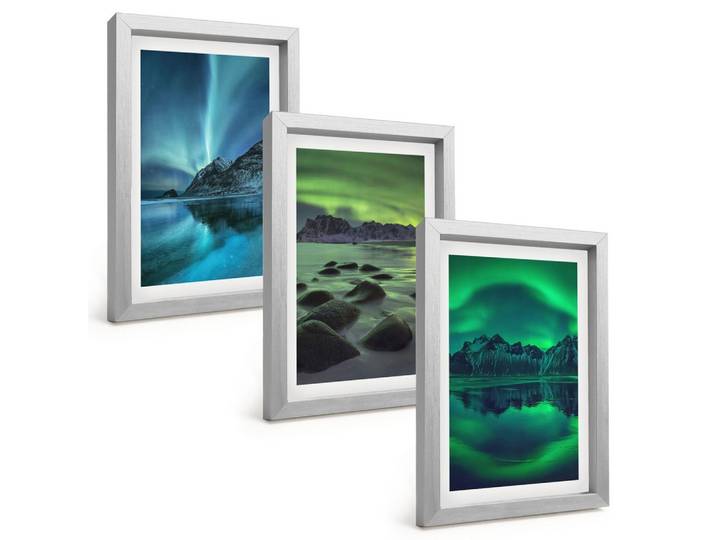 BILDER SET 3er Set - 20x30 cm Silberner Rahmen - Winterlandschaft der Aurora borealis