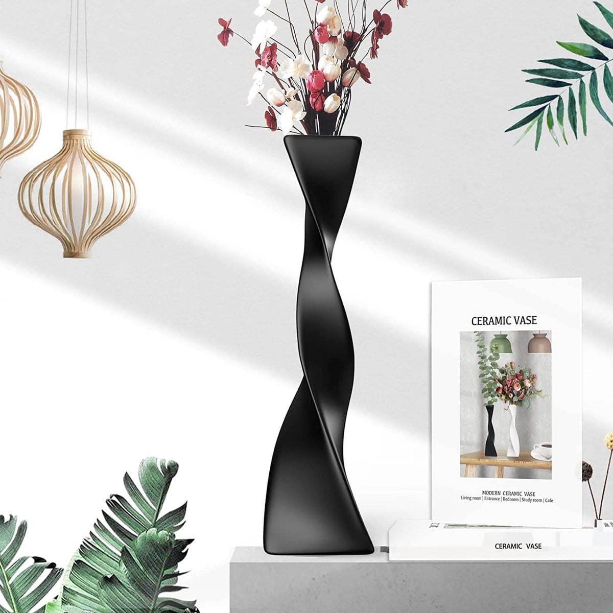 Elkuaie Hoge Keramische Vaas - Moderne Gedraaide Zwarte Vaas voor Bloemen Decoratie - Hoogte: 40,5 cm