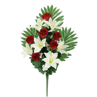 Kunstblume I.GE.A. "Aufleger Rosen/Lilien", rot (rot, weiß), B:48cm H:14cm L:24cm, Polyester, Kunstpflanzen, Bouquet Strauß Blume Tischdeko Deko Grabdeko Grableger Grabschmuck
