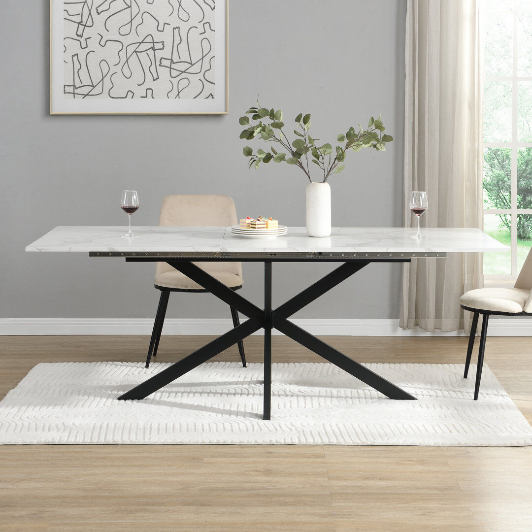 Brayden Studio Extendable Dining Table 160cm Marble Effect Black X Leg 4-6 Seater Modern White