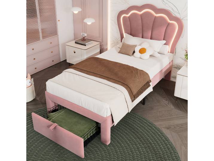 Lit Enfant 90×190 Cm\, Lit Simple Avec Led Réglable\, 1 Tiroir Et Tête De Lit Réglable\, Sans Matelas\, Velours Rose