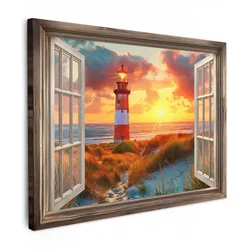LEINWANDBILD Aussicht - Fenster - Leuchtturm - Sonnenuntergang - Strand Wandbild 40x30 cm