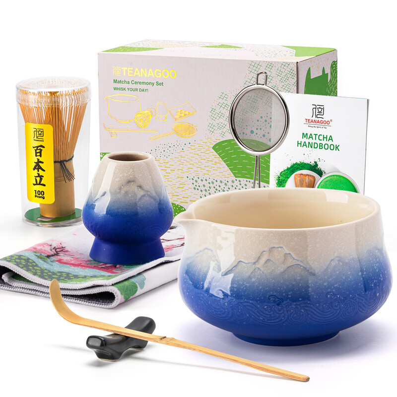 TEANAGOO 7-delige Matcha Set met Blauwe Keramische Kom met Fuji Ontwerp, Matcha Klopper Set inclusief Lepel en Zeef voor Matcha Latte en Ceremonie