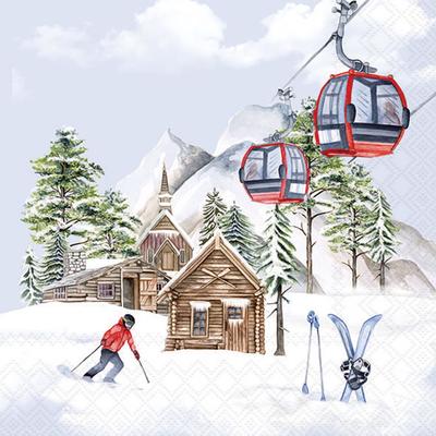 Ambiente 20 Servietten Papier 33x33cm 3-lagig - hochwertige Einweg Papierservietten mit Ski Almhütten Motiv - Winterservietten mit Gondel Tischdeko Alpen