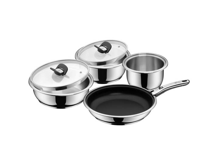WMF Kochtopfset, Edelstahlfarben, Metall, 7-teilig, 16 cm, breiter Schüttrand, abnehmbare Griffe, TransTherm®-Allherdboden, Kochgeschirr, Töpfe, Topfsets