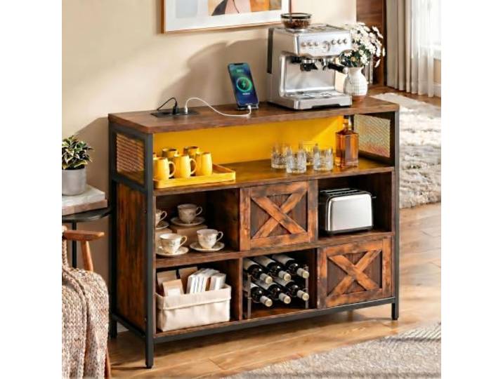 YITAHOME Sideboard mit schiebetüren, Buffetschrank mit Steckdosen, LED 2 USB und 2 AC Anschlüsse, Anrichte mit verstellbaren Einlegeböden für Wohnen & Arbeiten, 100 x 35 x 80 cm, Vintagebraun