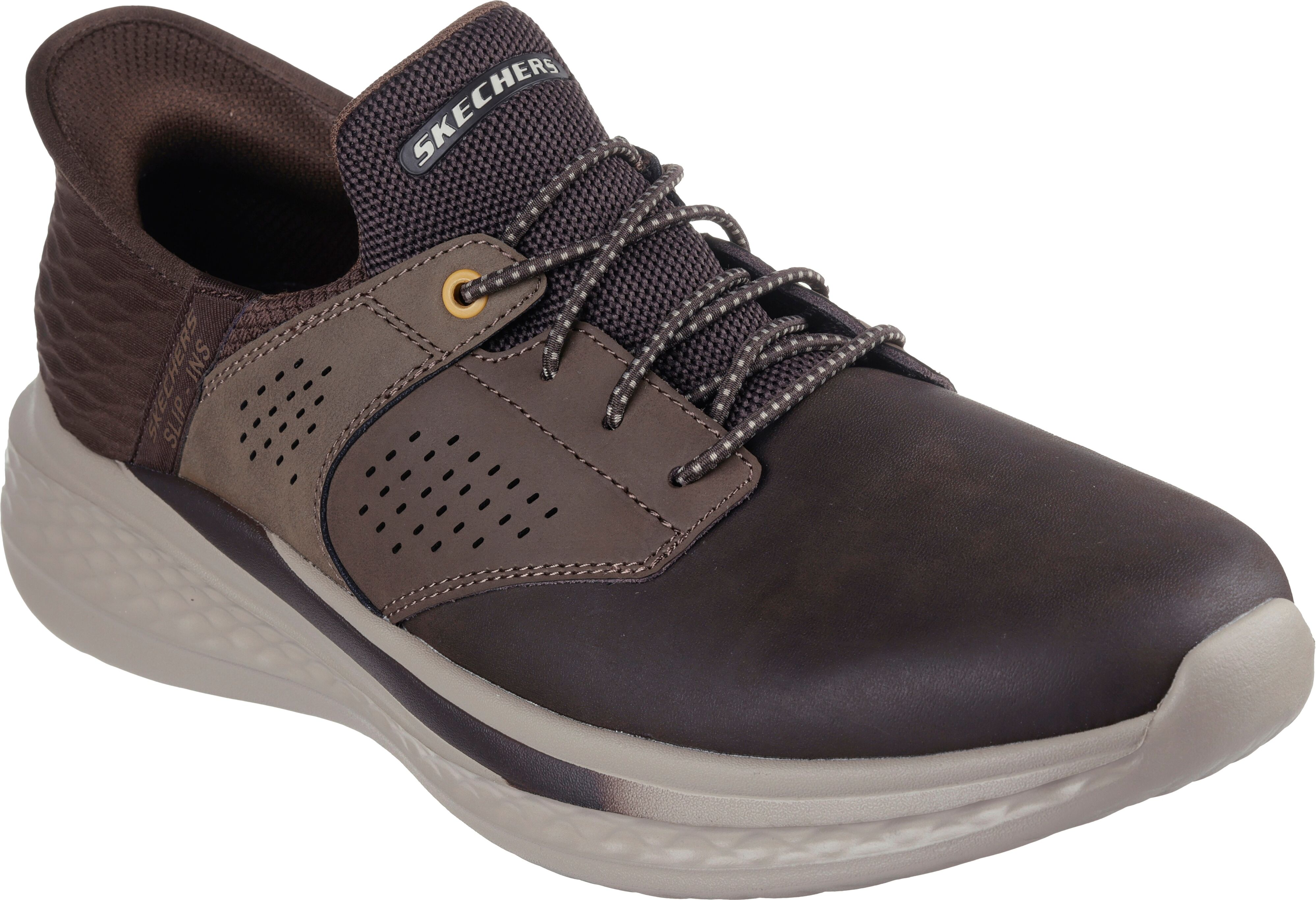 Slip-On Sneaker SKECHERS "SLADE", Herren, Gr. 41, Textil, braun (braun, dunkelbraun), Leder, Synthetik, Textil, Schuhe Slip-On Sneaker, Komfortschuh mit komfortablem Heel Pillow™ Fersenkissen braun, dunkelbraun 41, Textil