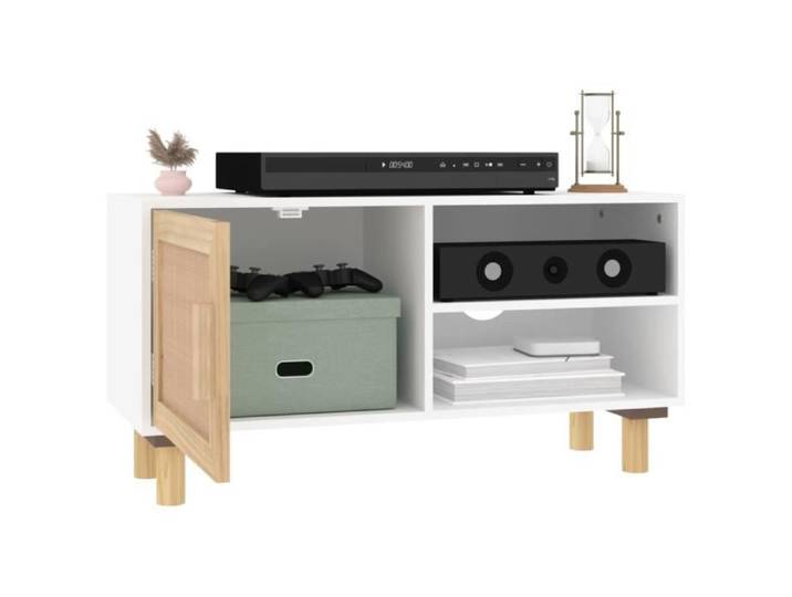 Meuble TV - OMABETA - Blanc - 80x30x40 cm - Bois massif - Rotin naturel - Classique