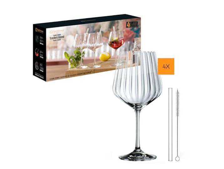 Spiegelau & Nachtmann, 9-delige gin & Tonic-set, 4 x Gin Tonic-glazen (637 ml), 4 x glazen rietjes, 1 x reinigingsborstel, Tastes Good, 103143, doorzichtig