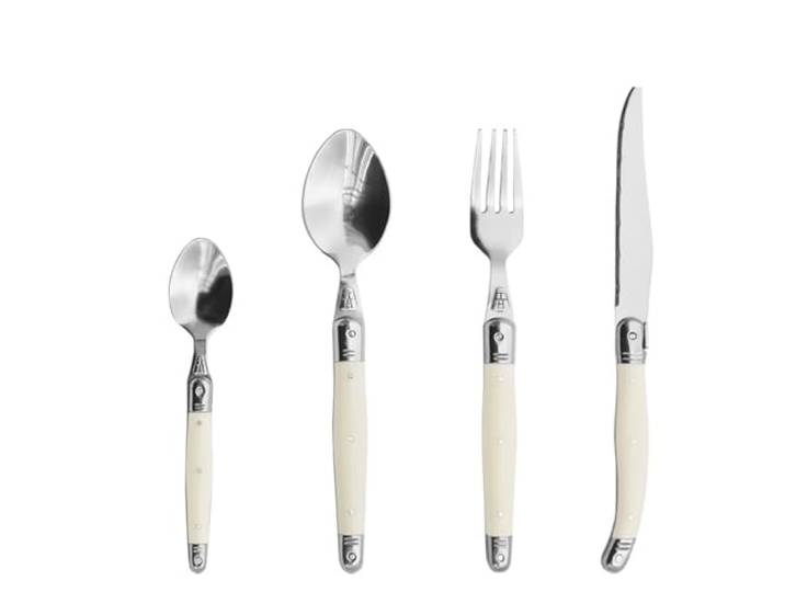 WENYOG Besteckset 4/6/24 stücke Elfenbein Weiß Besteck Edelstahl Steak Messer Tisch Gabeln Abendessen Löffel Dessert Teelöffel(24pcs 6 Set Cutlery)