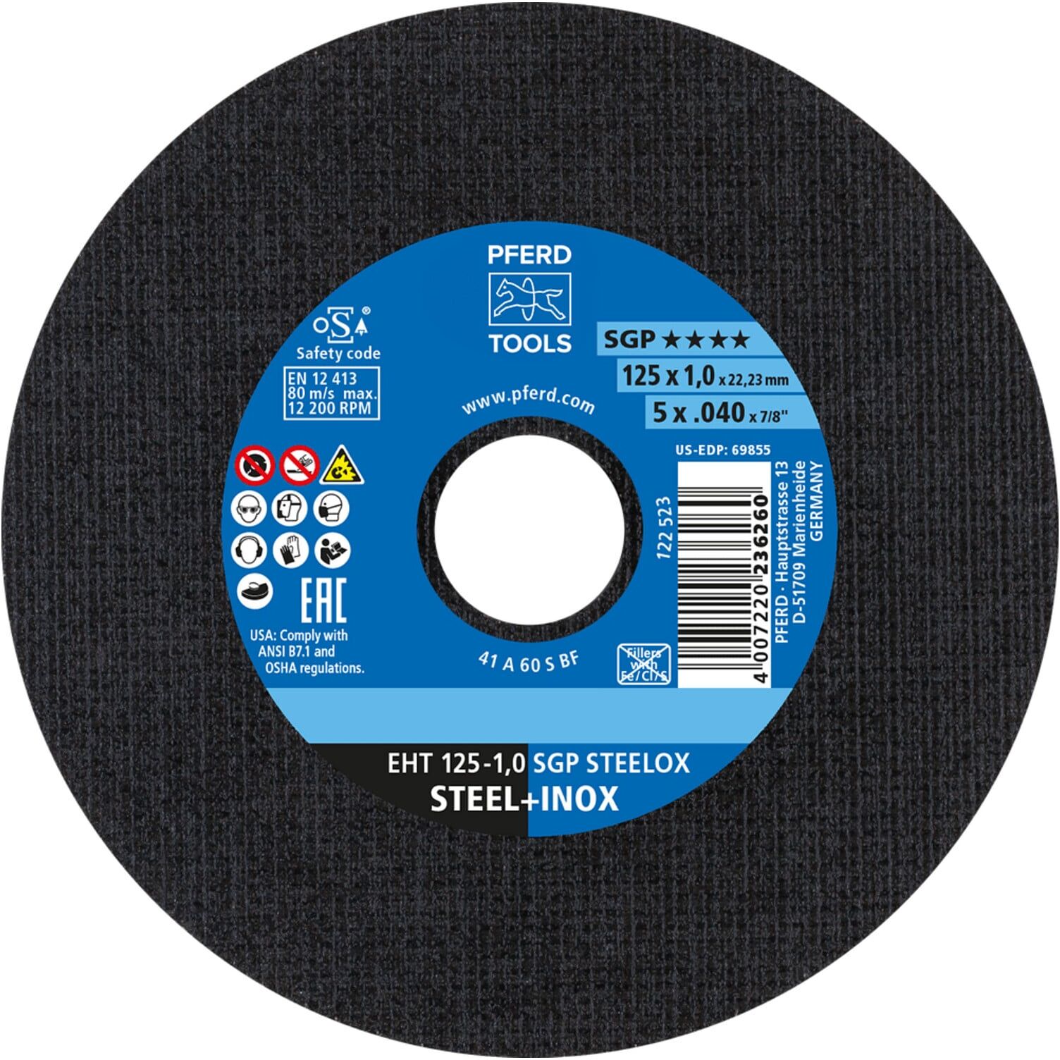 PFERD TOOLS Trennscheibe EHT 125x1,0x22,23 mm gerade Speziallinie SGP STEELOX für Stahl/Edelstahl (61331421)