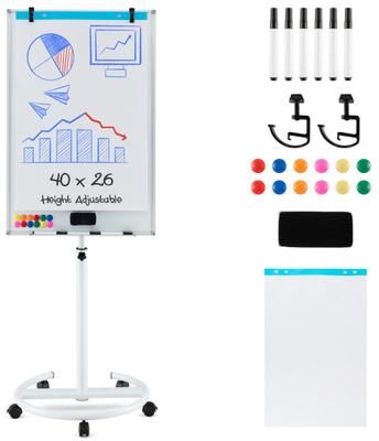 Costway Height-Adjustable Mobile Whiteboard with Round Stand Paper Clips-White