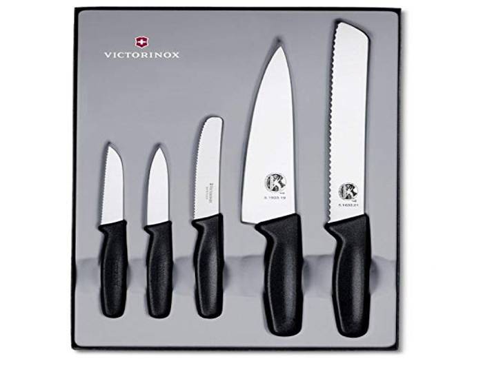 Victorinox 5-teiliges Küchenmesser-Set (Gemüsemesser, Tomaten- und Tafelmesser, Tranchiermesser, Brotmesser, Spülmaschinengeeignet) schwarz