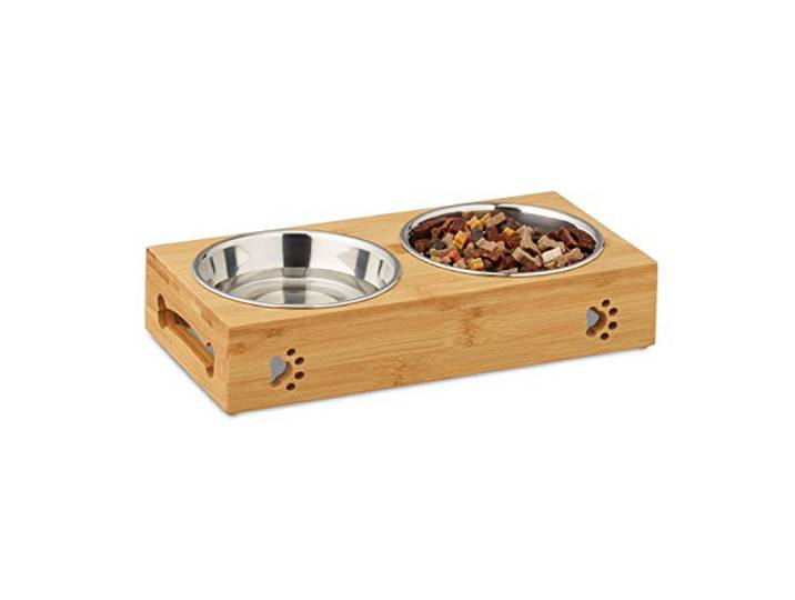 Relaxdays 10028859 écuelle pour Chiens\, 2 gamelles de 300 ML\, Bambou & Acier Inoxydable\, HxLxP: 6\,5x31\,5x15 cm\, Naturel/argenté\, Bambou\, INOX\, Nature\, Double