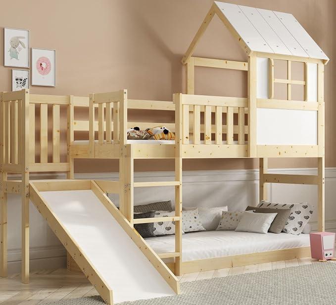 Hochbett 90x200 cm mit Rutsche und Treppen Etagenbett Stockbett Holzbett Kinderbett mit Lattenrost Spielbett für Kinder Jugendbett aus Massivholz mit Sicherheitsgeländer (Mit Rutsche)