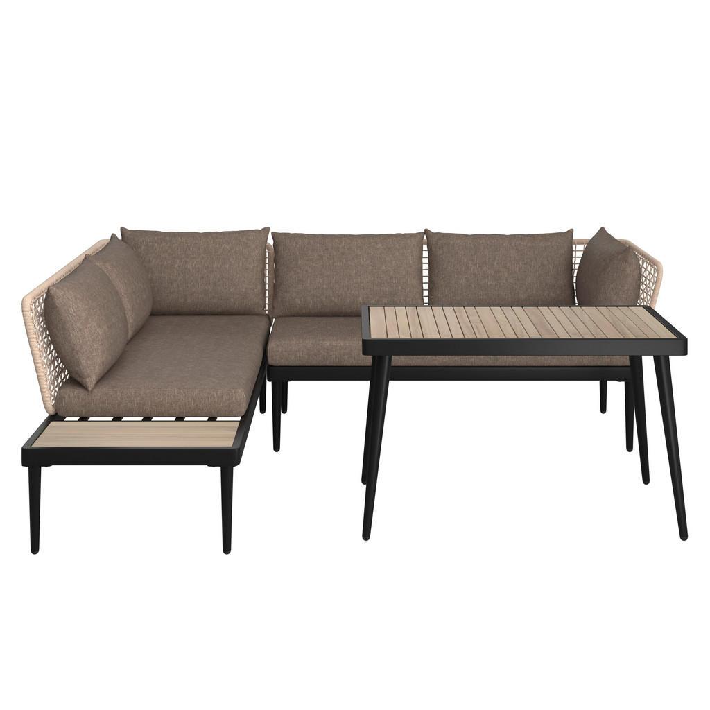 Ambia Garden Gartengarnitur , Grau, Schwarz, Teakfarben , Holz, Metall , 3-teilig , Akazie , massiv , Füllung: Komfortschaum,Komfortschaum , 227x186 cm , Gartenmöbel, Gartengarnituren, Gartenmöbel-Set