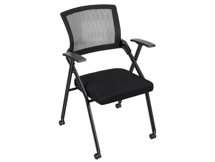 Chaise de bureau pliable empilable roulettes PU accoudoirs et dossier maille ergonomique pour salles de conférence - Noir